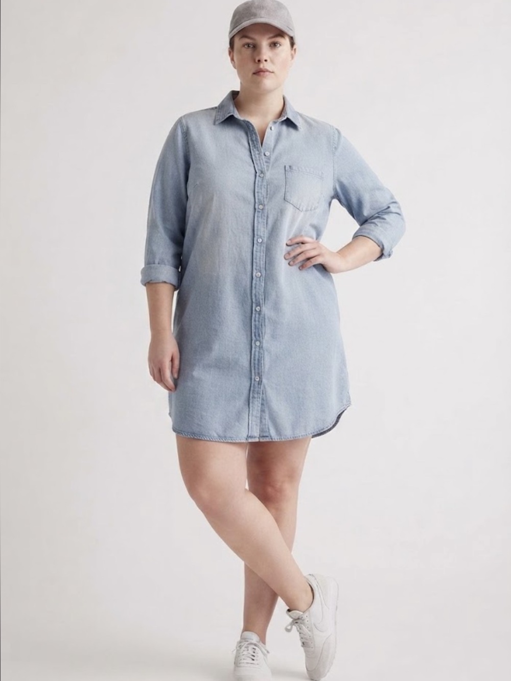 Quince Distressed Denim Shirt Dress Blue Cotton Casual Button Down Dress Size XL